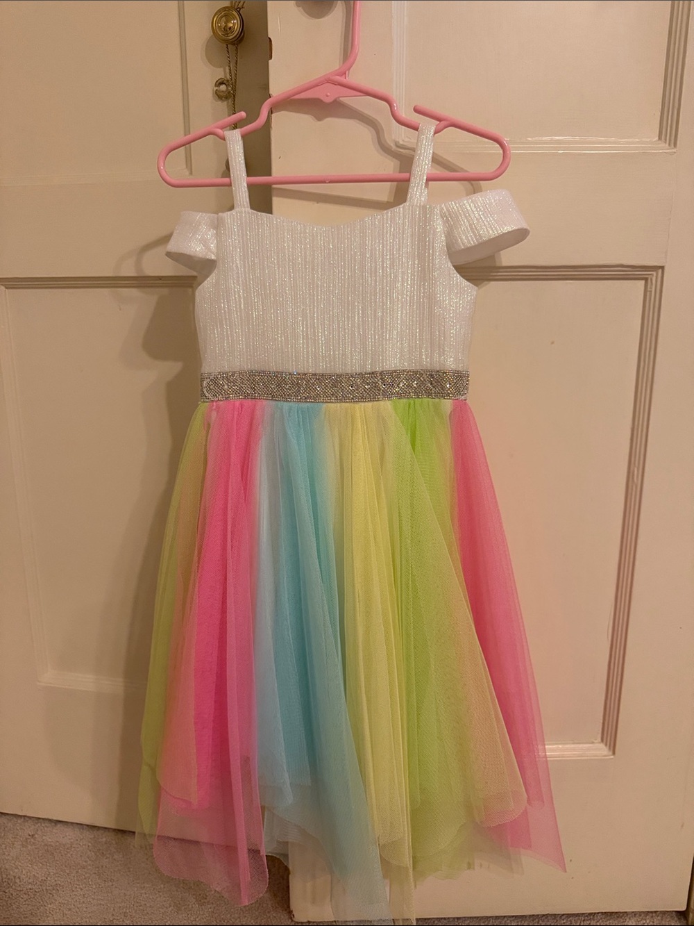 Rare Editions White Sparkle Bodice Pastel Rainbow Tulle Dress
